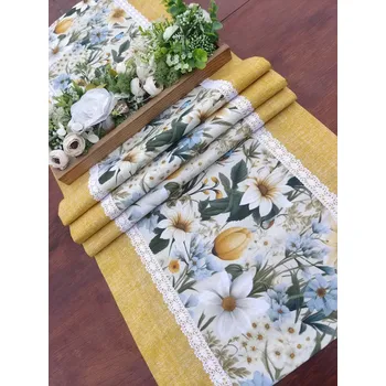 ubrus Běhoun - tulipány a modrá kalokvět v kombinaci se žlutou