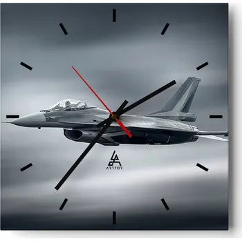 Hodiny Velké nástěnné hodiny 40x40 Stíhačka Skleněné tiché hodiny