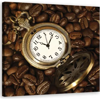 Obraz OBRAZ DO KUCHYNĚ Hodiny a kávová zrna 50x50