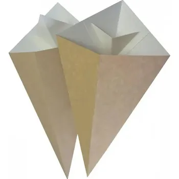 Jednorázové nádobí Papírové kornouty na hranolky s kapsou na omáčku, kartonové, pevné, 15,5x26 cm, 100 ks