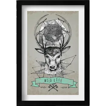 Obraz Ozdobný nástěnný obraz s černým rámem a grafikou loft Hlava jelena 20x30 cm