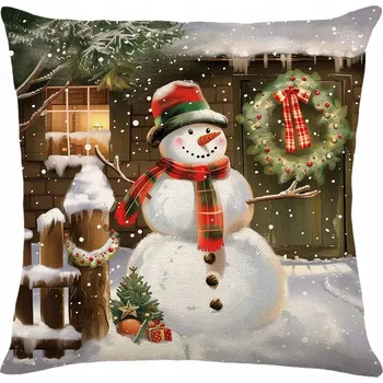 Povlak na polštářek Vánoční Dekorační Povlak na Polštář Sněhulák Před Domem Věnec 45x45