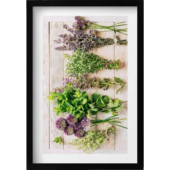 Obraz Obraz v černém rámu nástěnná dekorace Rostliny a bylinky na prknech 40x60 cm