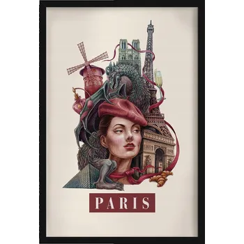 Obraz Grafika v rámu Vintage retro styl Paříž Eiffelova věž Notre Dame 40x60 cm