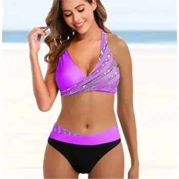 Dámské plavky Dámské plavky dvojdílné s vysokým pasem doplněné stříbrnými proužky Barva: 8279 - fialová, Velikost: XXXL