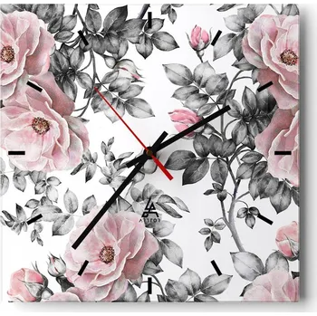 Hodiny Velké nástěnné hodiny na zeď 40x40 Květiny Skleněné hodiny Čtvercové Tiché