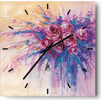 Hodiny Velké nástěnné hodiny na zeď 40x40 Květiny Skleněné hodiny Čtvercové Tiché