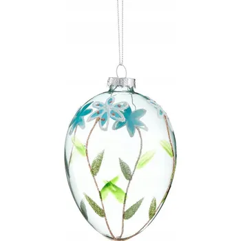 Velikonoční dekorace Skleněná vánoční ozdoba ve tvaru vajíčko modrá s květinami 11,5 cm VILLA ITALIA