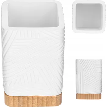 Držák na kartáček KOUPELNOVÝ HRNEK NA KARTÁČKY BÍLÝ ORGANIZÉR S BAMBUSEM ČTVEREC