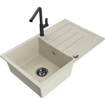 Granitový dřez MEXEN/S - Bruno granitový dřez 1 s odkapávačem včetně baterie Flora, béžová 6513-69-670401-70-B