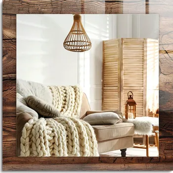 Zrcadlo Nástěnné zrcadlo s ozdobnou grafikou na skle, dřevěný vzhled prken, 60x60 cm