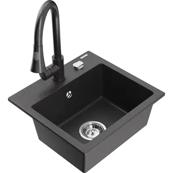 MEXEN/S - Milo granitový dřez 1-miska včetně baterie Elia, černá kropenatá 6505-76-670101-76