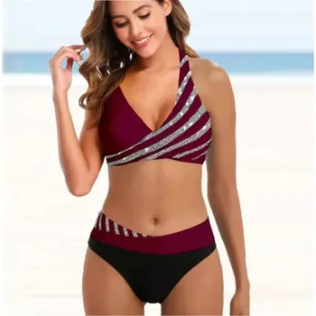 Dámské plavky Dámské plavky dvojdílné s vysokým pasem doplněné stříbrnými proužky Barva: 8279 - vínová, Velikost: S