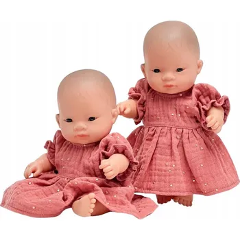 Doplněk pro panenku Miniland 21 cm, šaty pro panenku, marsala se zlatými puntíky