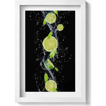 Obraz Dekorace - obraz s grafikou v krásném bílém rámu - Limetky, máta, voda - 20x30 cm