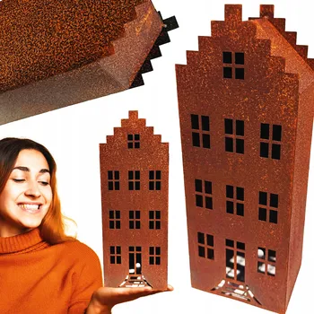 Zahradní dekorace SVÍTILNA NA LED SVÍČKU DOMEČEK ZAHRADNÍ DOMŮ STŘEDNÍ CORTEN REZAVÁ 38 CM