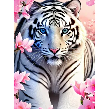 Diamantové malování Diamantové malování - Bílý tygřík a růžové květy