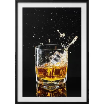 Obraz Dekorativní nástěnný obraz v černém rámu s grafikou Sklenice whisky 70x100 cm