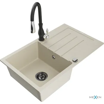 Granitový dřez MEXEN/S - Bruno granitový dřez 1 s odkapávačem včetně baterie Savita, béžová 6513-69-672601-70