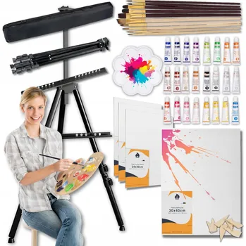 Výtvarná sada Malířská Sada Umělecká Sada Stojan Barvy Plátna na Malování Štětce XXL 40 