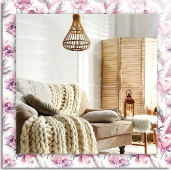 Zrcadlo Nástěnné zrcadlo s grafikou na skle, Fialové květiny, 60x60 cm