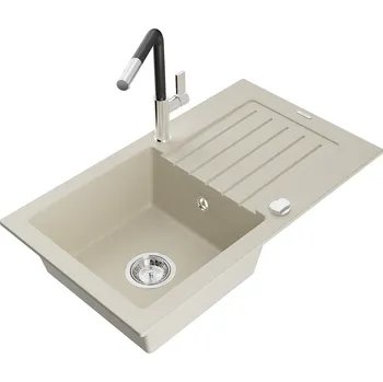 Kuchyňský dřez MEXEN/S - Pablo granitový dřez 1 s odkapávačem včetně baterie Flora, béžová 6510-69-670401-07