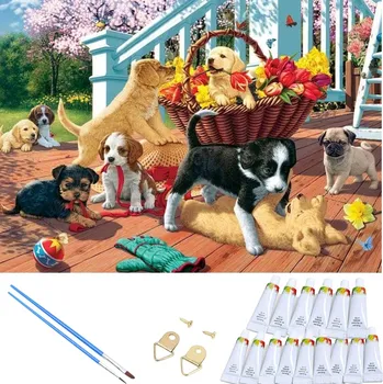 Výtvarná sada Inna Kreatívna sada na maľovanie podľa čísel - šteniatka, 30x40 cm, s rámom a štetcami