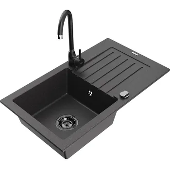 Kuchyňský dřez MEXEN/S - Pablo granitový dřez s odkapávačem včetně baterie Telma, černá kropenatá 6510-76-670200-70-B