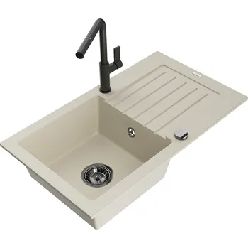 Kuchyňský dřez MEXEN/S - Pablo granitový dřez 1 s odkapávačem včetně baterie Flora, béžová 6510-69-670401-70-B