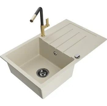Granitový dřez MEXEN/S - Bruno granitový dřez 1 s odkapávačem včetně baterie Flora, béžová 6513-69-670401-57-B