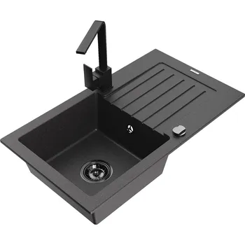 Kuchyňský dřez MEXEN/S - Pablo granitový dřez 1-miska s odkapávačem včetně baterie Rita, černý kropenatý 6510-76-670300-70-B
