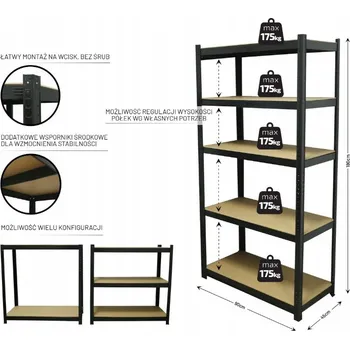 Dílenský regál Garážový regál 180x90x45cm 5 polic x175kg KOVOVÝ silný skladový MDF