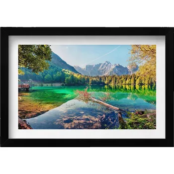 Obraz Nástěnný obraz v černém rámu: Horská krajina s jezerem a stromy, 30x20 cm