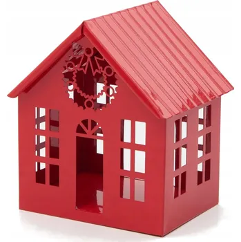 Svícen Červený kovový domeček - vánoční dekorace, svícen na čajovou svíčku