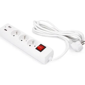 Napájecí kabel Prodlužovací Kabel s lištou 3m, 3x zásuvka + 2x USB, bílý