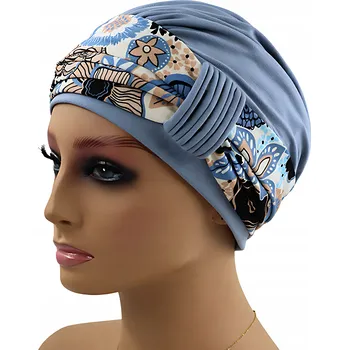 Čepice Bambusový turban s poutkem po chemoterapii modrý se vzorem Nathalie