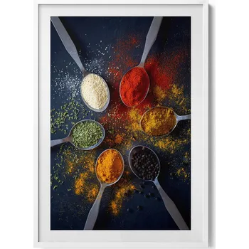 Obraz Grafika v bílém rámu Lžíce s barevným kořením do kuchyně 70x100 cm