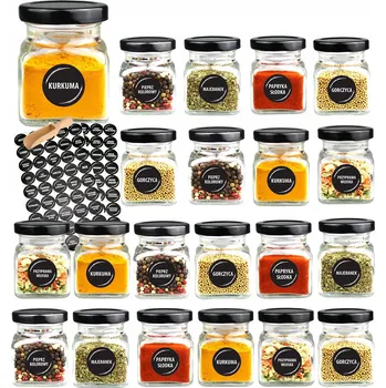 Sklenice Sklenice na koření 120 ml x21 ks s černým víčkem + 90 etiket + naběračka