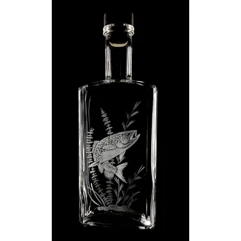 Sklenice lahev na slivovici 0,5l s rytinou pstruha - ručně ryté (broušené) dárková krabička, dárek pro rybáře, pstruh