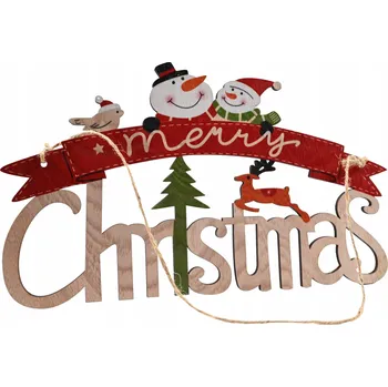 Vánoční dekorace VÁNOČNÍ NÁPIS SNĚHULÁK MERRY CHRISTMAS DŘEVĚNÁ OZDOBA NA OKNO NEBO DVEŘE