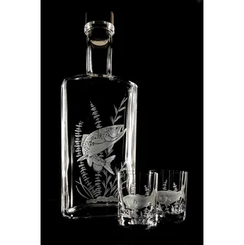 Sklenice lahev na slivovici 0,5l + 2ks likér 60ml, s rytinou pstruha - ručně ryté (broušené) dárková krabička, dárek pro rybáře, pstruh