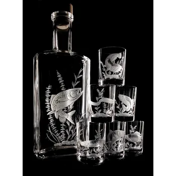Sklenice lahev 500ml+ 6 ks Barline 60ml skleničky na likér, motiv pstruh - ručně ryté (broušené) dárková krabička, dárek pro rybáře