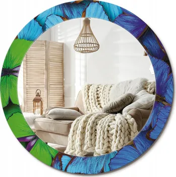 Zrcadlo Zrcadlo s ozdobnou grafikou na skle Modrý a zelený motýl Průměr 70 cm