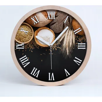 Hodiny Dřevěné nástěnné hodiny s motivem pečiva a pšenice, průměr 25 cm