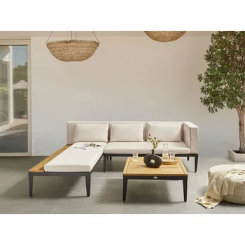 Zahradní sestava Pravá 3místná zahradní rohová sedací souprava Světlé certifikované akáciové dřevo Světle béžové polštáře s konferenčním stolkem Beliani