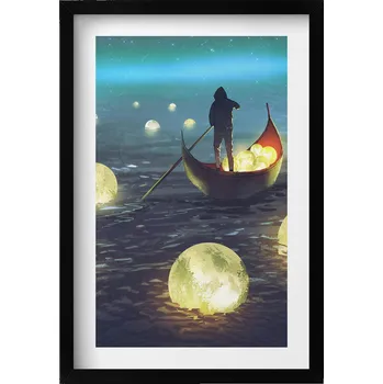 Obraz Závěsný obraz rámeček černé barvy, ilustrace loděk a měsíců, 40x60 cm