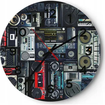 Hodiny Nástěnné hodiny do obýváku 40x40 Magnetofon Kulatý Skleněné hodiny Loft Tiché