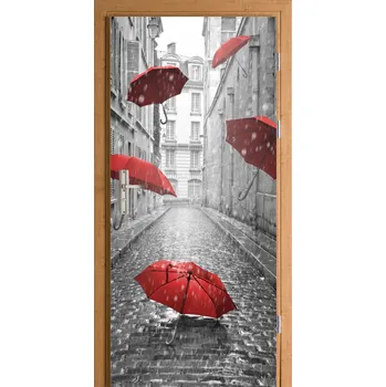 Fototapeta Samolepka na dveře ulička déšť červené deštníky