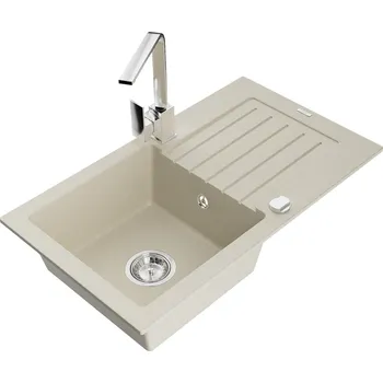Kuchyňský dřez MEXEN/S - Pablo granitový dřez 1-miska s odkapávačem včetně baterie Rita, béžový 6510-69-670300-00