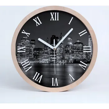 Hodiny Dřevěné nástěnné hodiny Manhattan v noci, průměr 25 cm